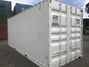 A white shipping container for hire in Perth.