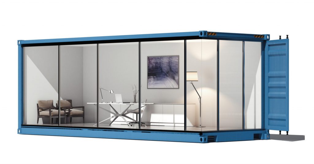 shipping container office with glass walls